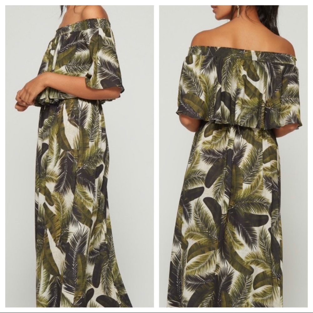 Show Me Your MuMu Olive Green Palm-Print Off-Shoulder Maxi Dress